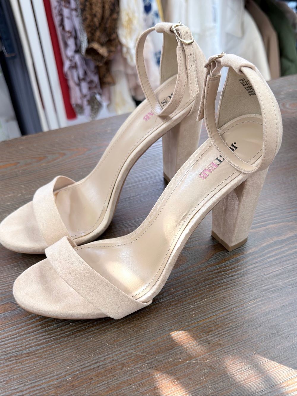 🍀3/$30 JustFab Beige Suede Block Heel Ankle-Strap Sandals